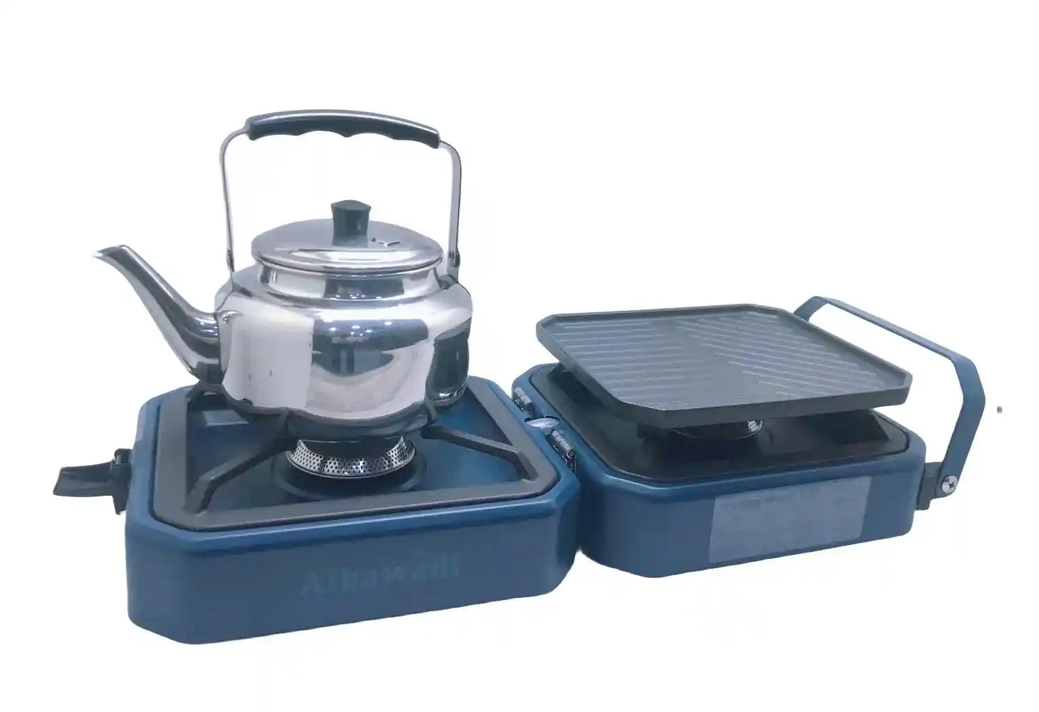 portable foldable camping gas stove with two adjustable burners and grill, showcasing its compact design and features.