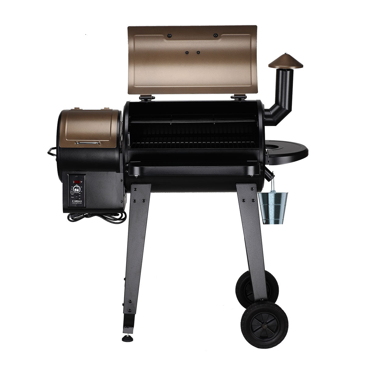 Z-Grills wood pellet barbecue with a white exterior and matching cover, showcasing its durable design and cooking surface.