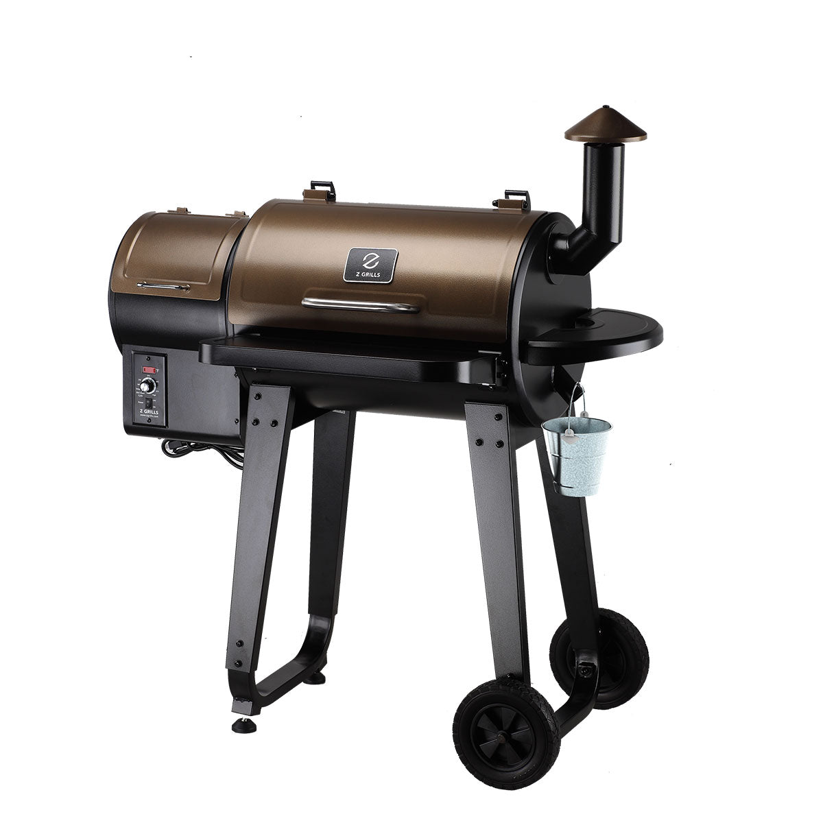 Z-Grills wood pellet barbecue with cover, showing a white pellet grill for outdoor cooking and grilling.