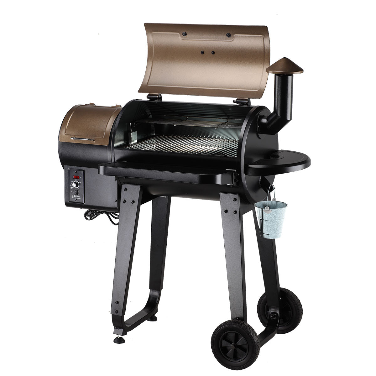 White Z-Grills wood pellet barbecue with cover, showcasing the pellet grill and protective cover in a clean outdoor setting.