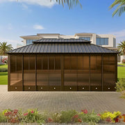 6x3.65M Double Hardtop Aluminum Gazebo with Sliding Polycarbonate Doors – Brown - The Outdoor Furniture Market 