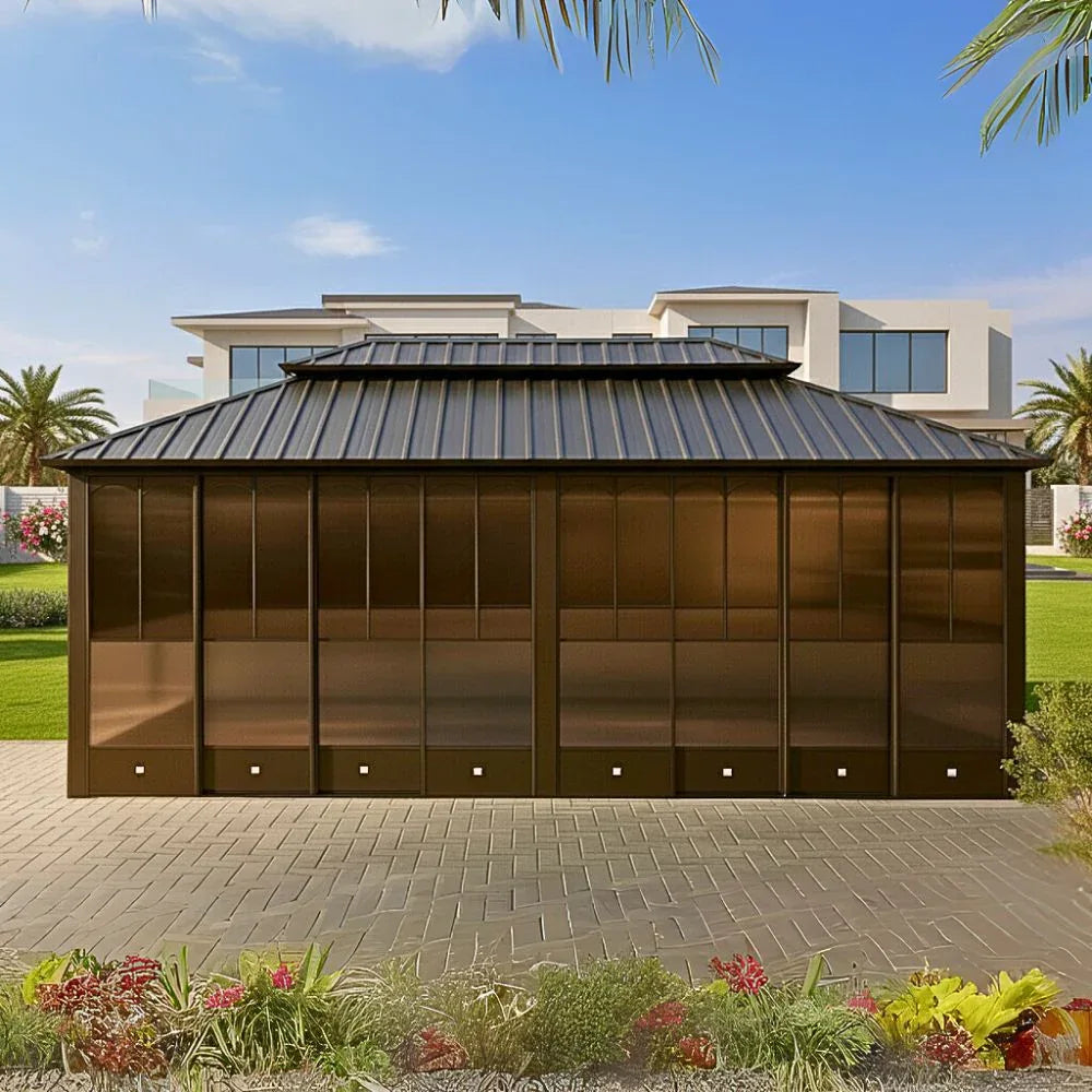 6x3.65M Double Hardtop Aluminum Gazebo with Sliding Polycarbonate Doors – Brown - The Outdoor Furniture Market 