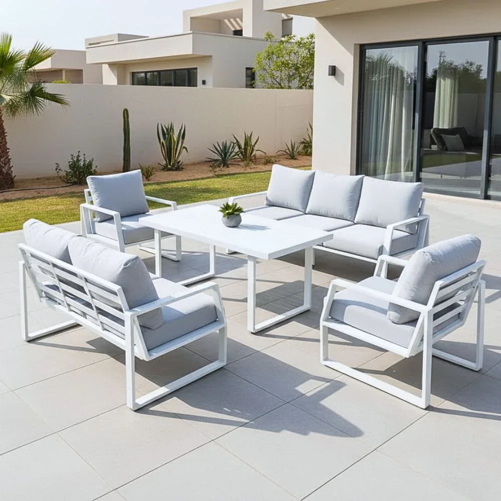 Casa Fiora 7 Seater Outdoor Garden Sofa in Aluminum Frame Plush Sponge Cushions and WeatherResistant Polyester Fabric - The Outdoor Furniture Market 