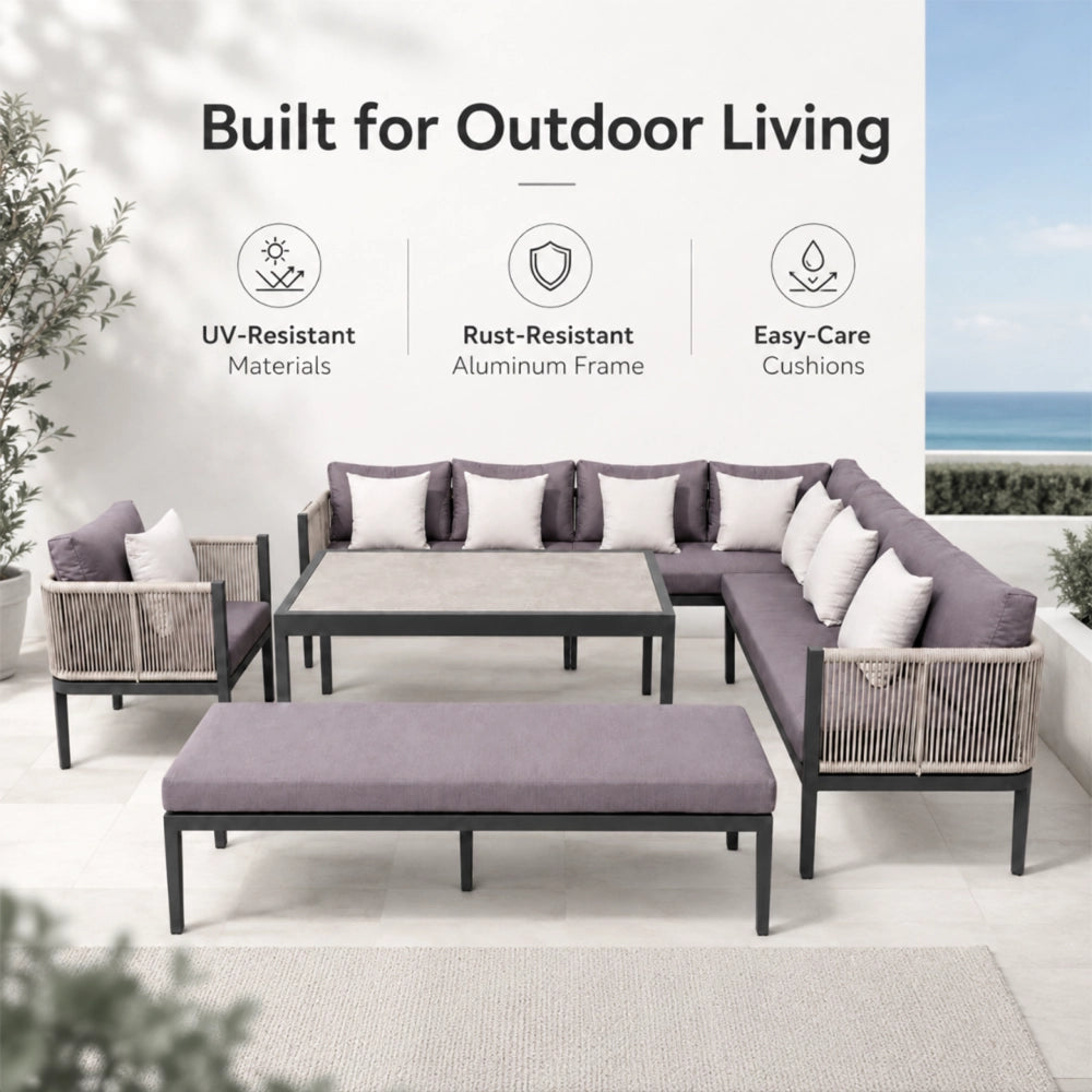 Outdoor 10-seater L-shape rope sectional sofa set with aluminium frame and sintered stone table by The Outdoor Furniture Market