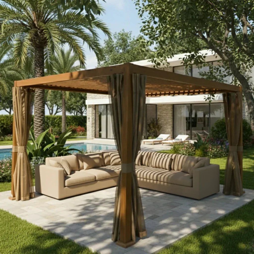 3x4m Aluminum Louver Pergola - Adjustable Roof, Wood Finish, Manual Control - The Outdoor Furniture Market 