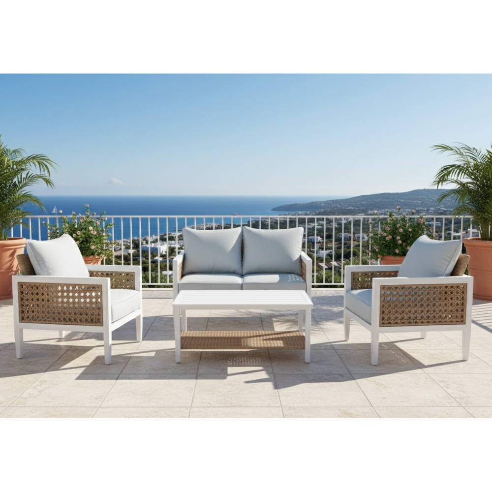 Casa Fiora 4 seater aluminum rattan lounge set with plush cushions and a stylish design for outdoor relaxation.