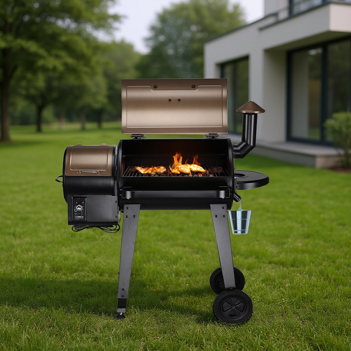 Z-Grills pellet barbecue with cover, featuring a large cooking surface and sturdy construction for outdoor grilling enthusiasts.